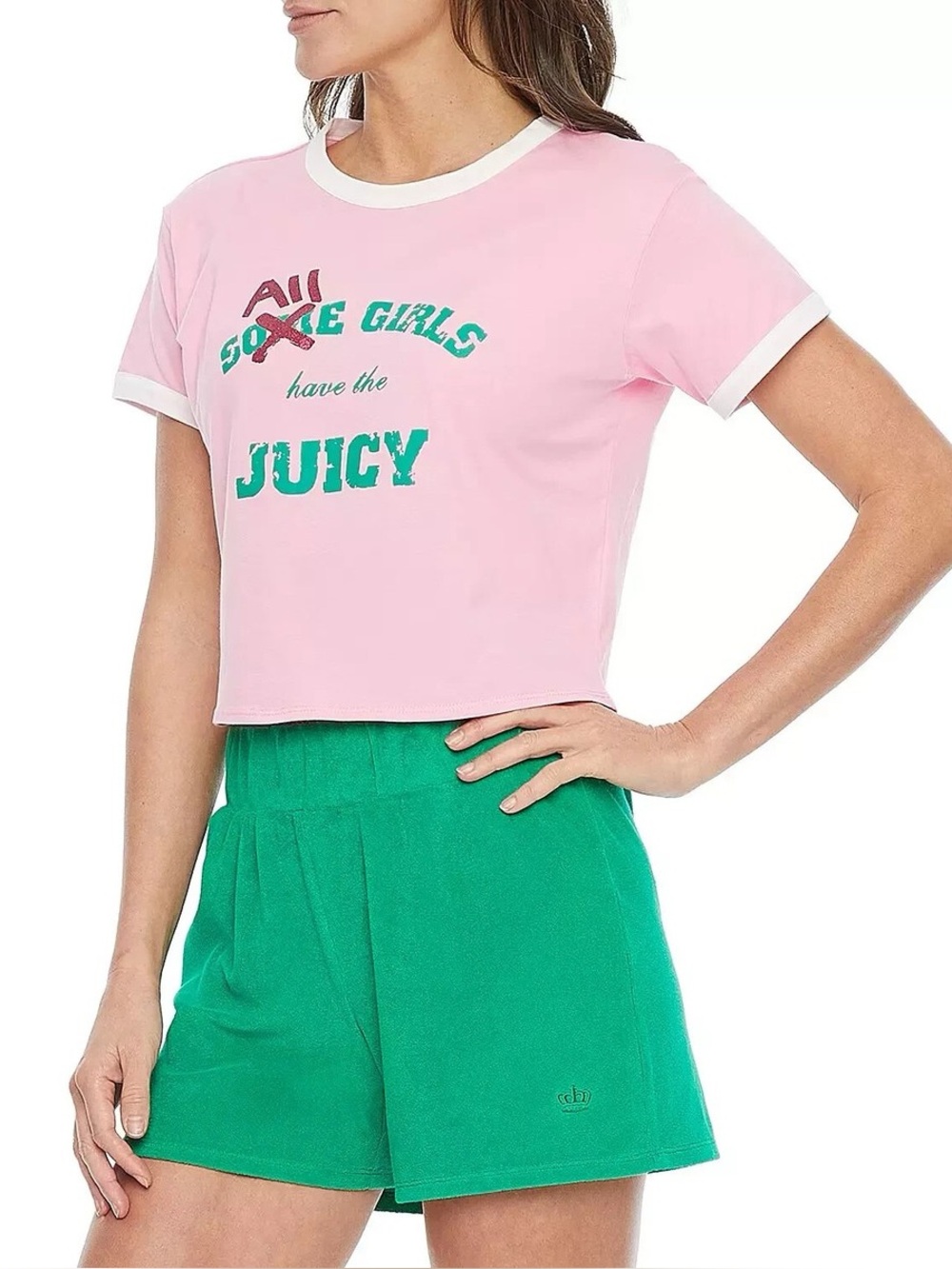 Juicy Couture ringer graphic pink baby tee “All girls have the juicy” small
